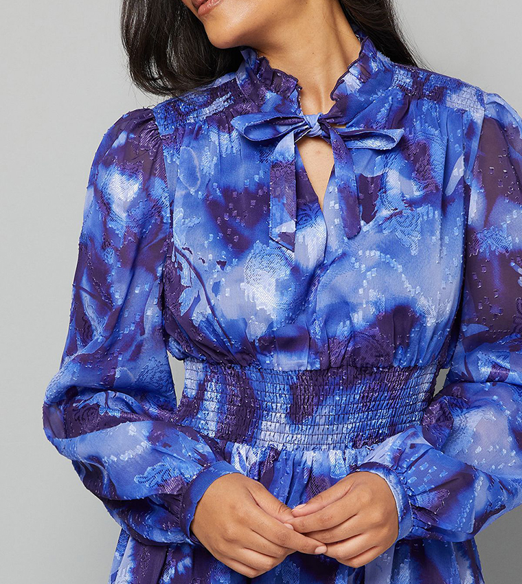 Petite Floral Print Shirred Waist Midi Dress
