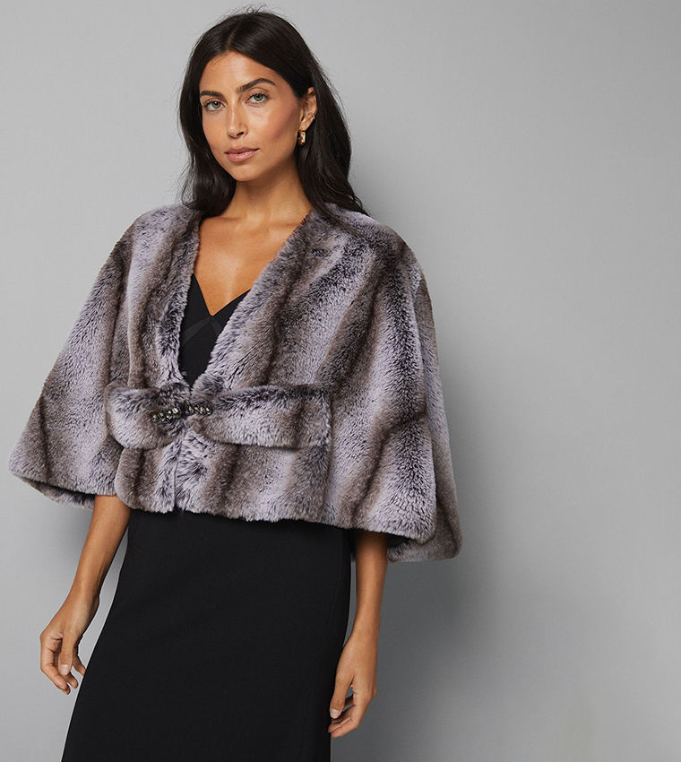 Crop Embellished Faux Fur Cape
