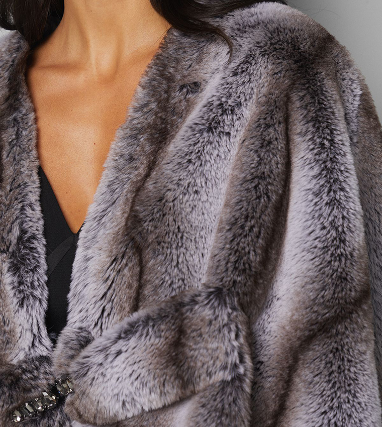 Crop Embellished Faux Fur Cape