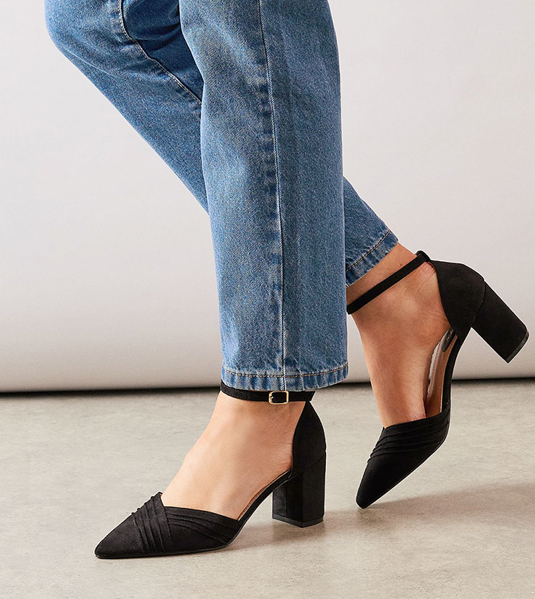 Carolina Faux Suede Rouche Detail Block Heel Pumps