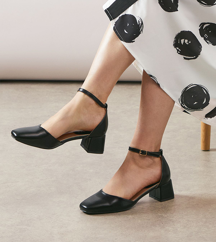 Fernanda Faux Leather Square Toe Low Block Heel Pumps