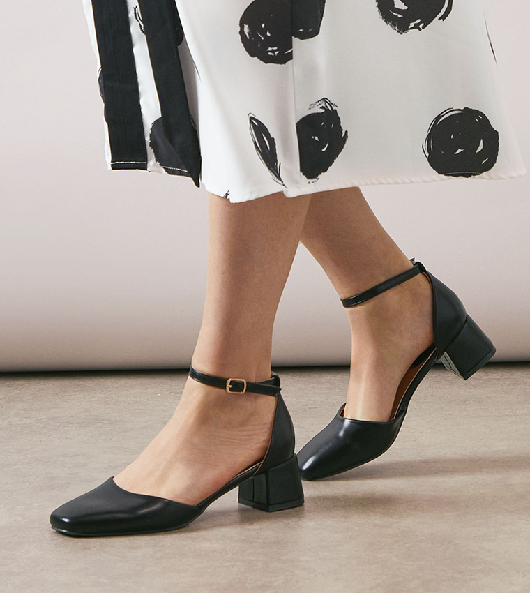Fernanda Faux Leather Square Toe Low Block Heel Pumps