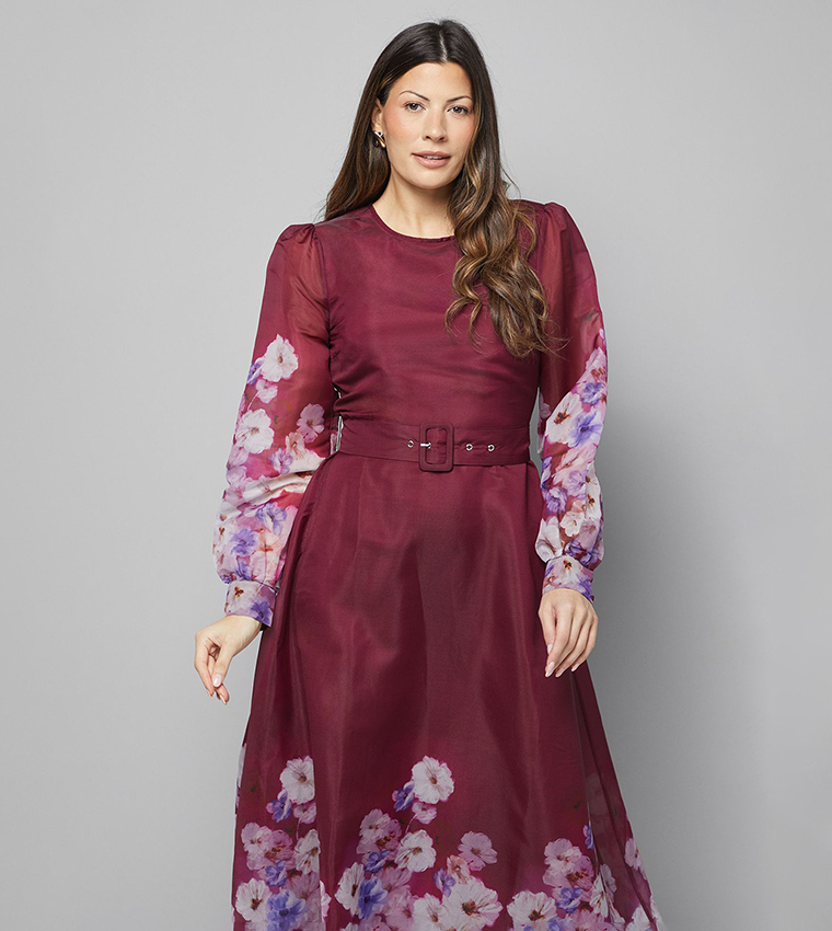 Organza Floral Print Belted Midi Dress
