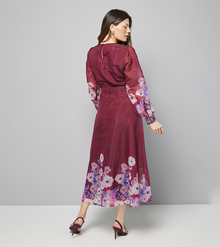 Organza Floral Print Belted Midi Dress