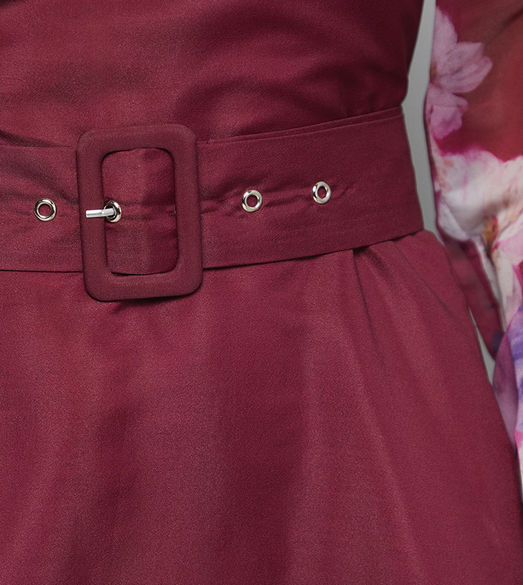 Organza Floral Print Belted Midi Dress