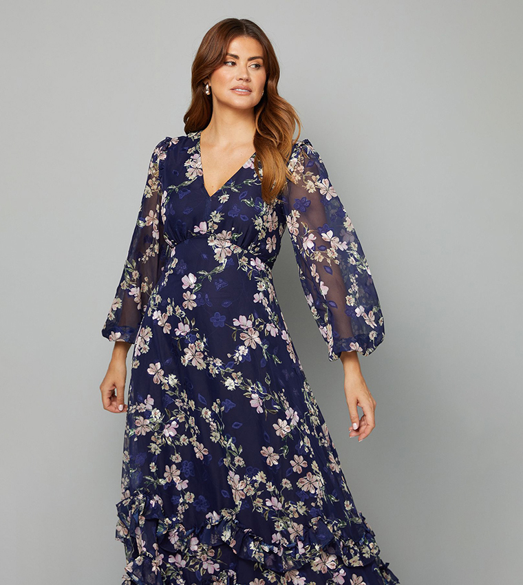 فستان ميداكسي ساتان بطبعة الورود 