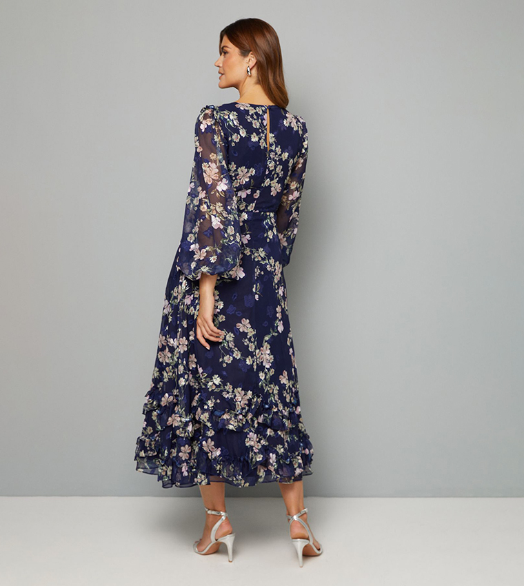 فستان ميداكسي ساتان بطبعة الورود 