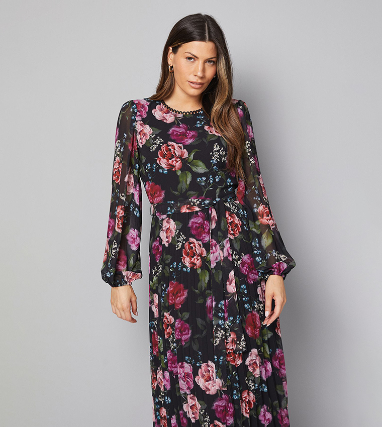 Floral Print Pleated Midi Dress