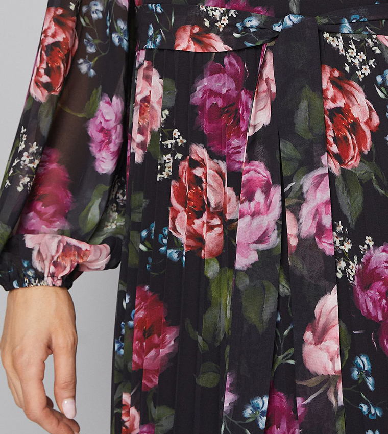 Floral Print Pleated Midi Dress
