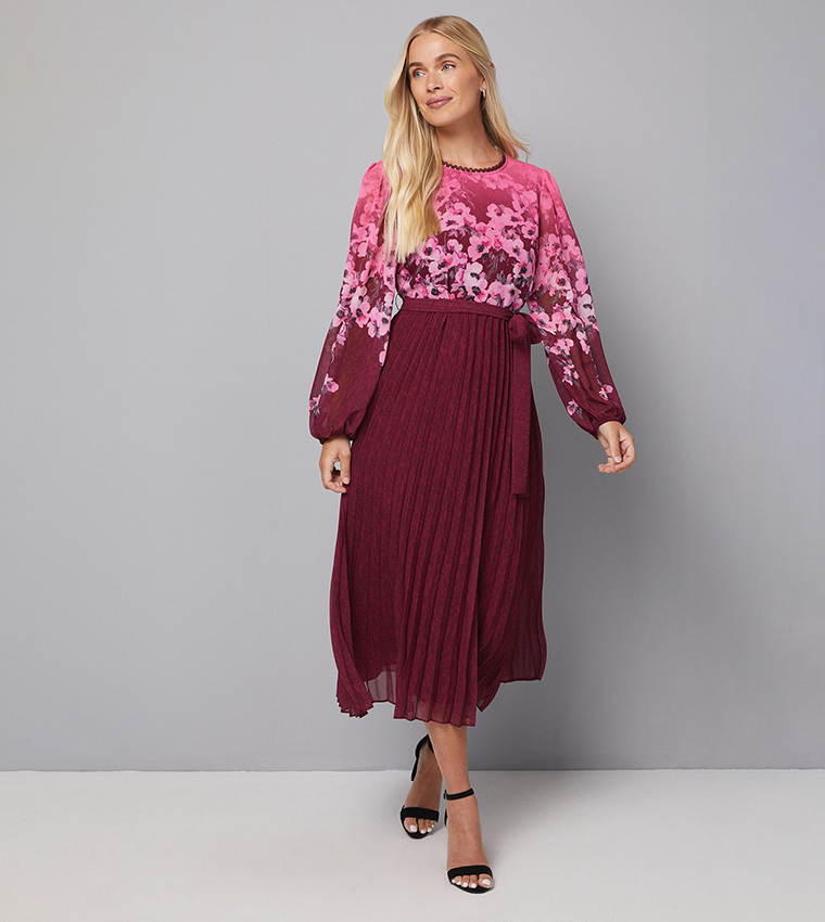 Petite Trailing Floral Printed Pleated Midi Dress