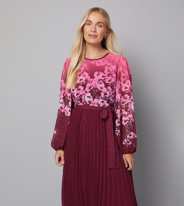 Petite Trailing Floral Printed Pleated Midi Dress