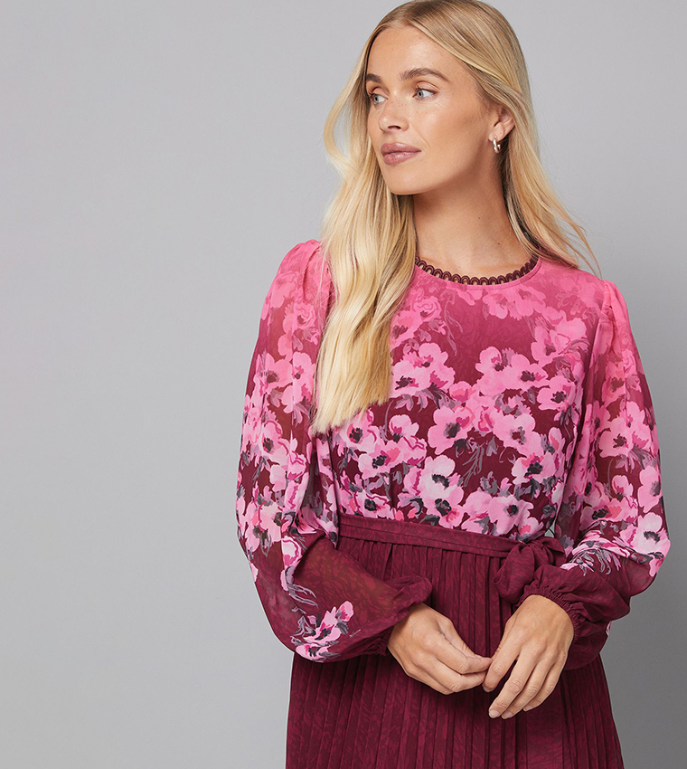 Petite Trailing Floral Printed Pleated Midi Dress