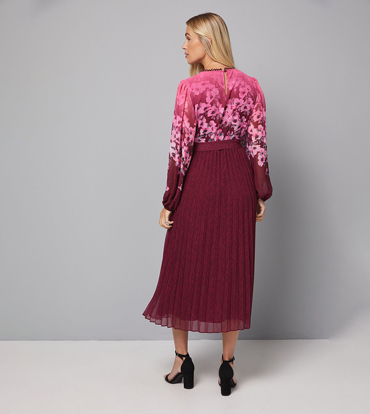 Petite Trailing Floral Printed Pleated Midi Dress