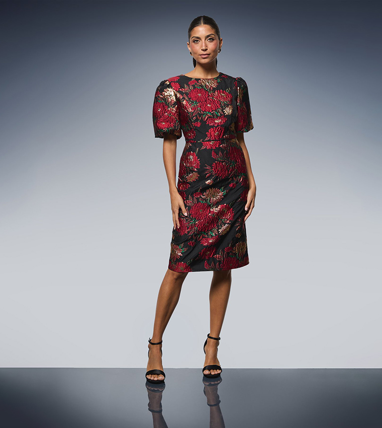 Floral Jacquard Volume Sleeves Midi Dress