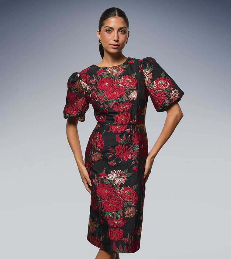 Floral Jacquard Volume Sleeves Midi Dress