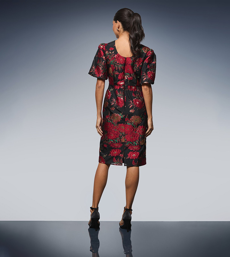 Floral Jacquard Volume Sleeves Midi Dress