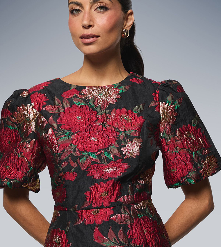 Floral Jacquard Volume Sleeves Midi Dress
