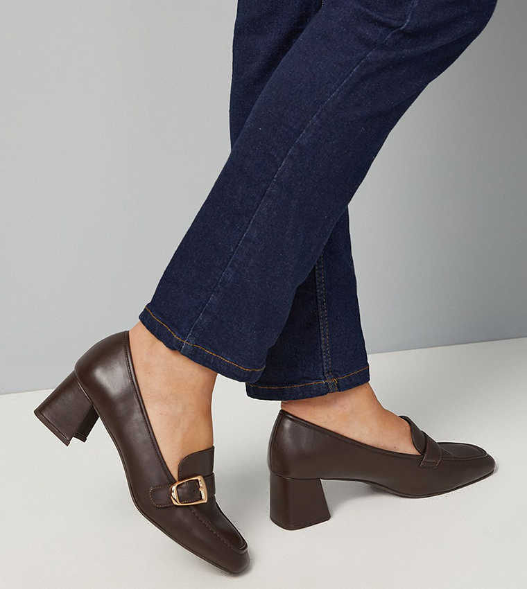 Emma Faux Leather Buckle Detail Medium Heeled Loafer Pumps