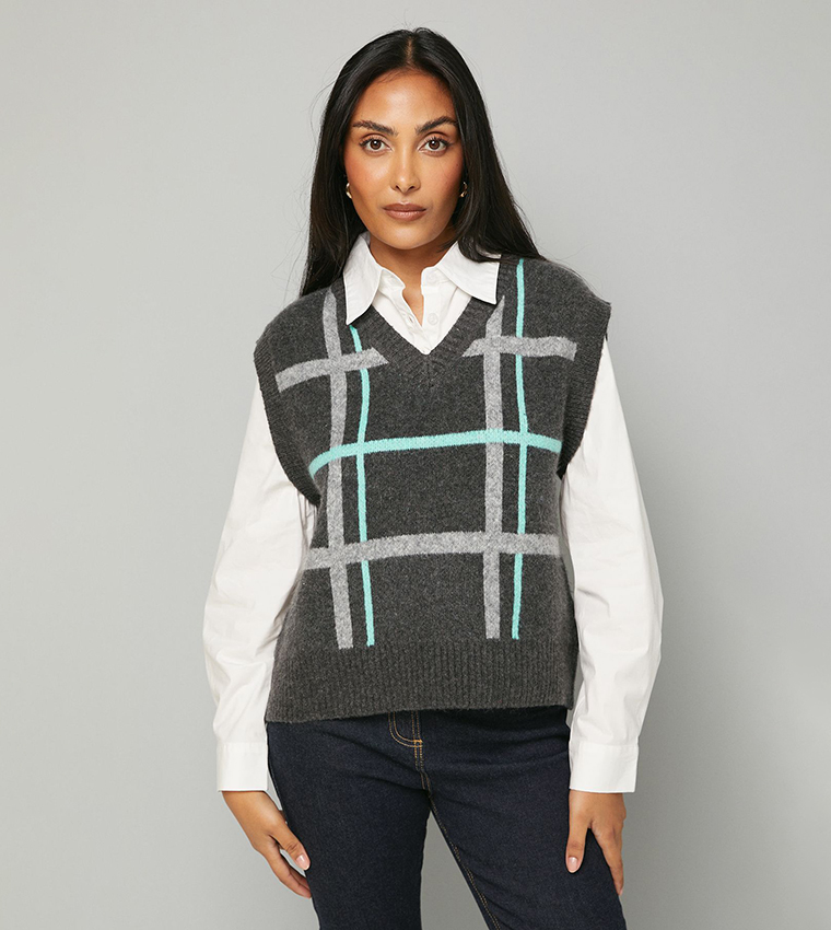 Buy Wallis Petite In Check Knitted Sweater Vest And Shirt In