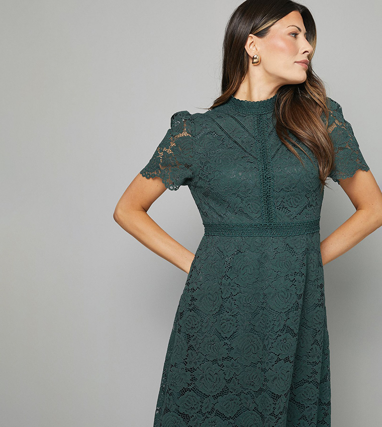 High Neck Lace Fit and Flared Midi Dress