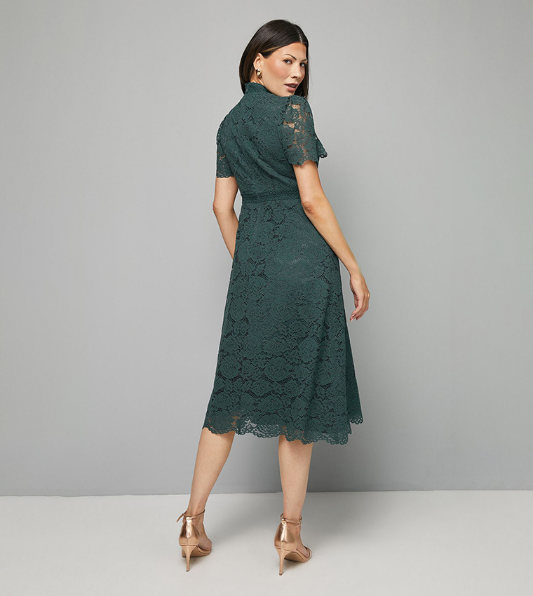 High Neck Lace Fit and Flared Midi Dress
