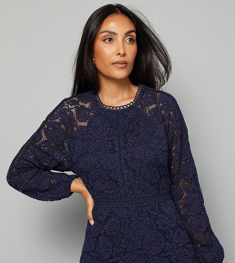 Buy Wallis Petite Lace Long Sleeves Fit Flare Midi Dress In Navy