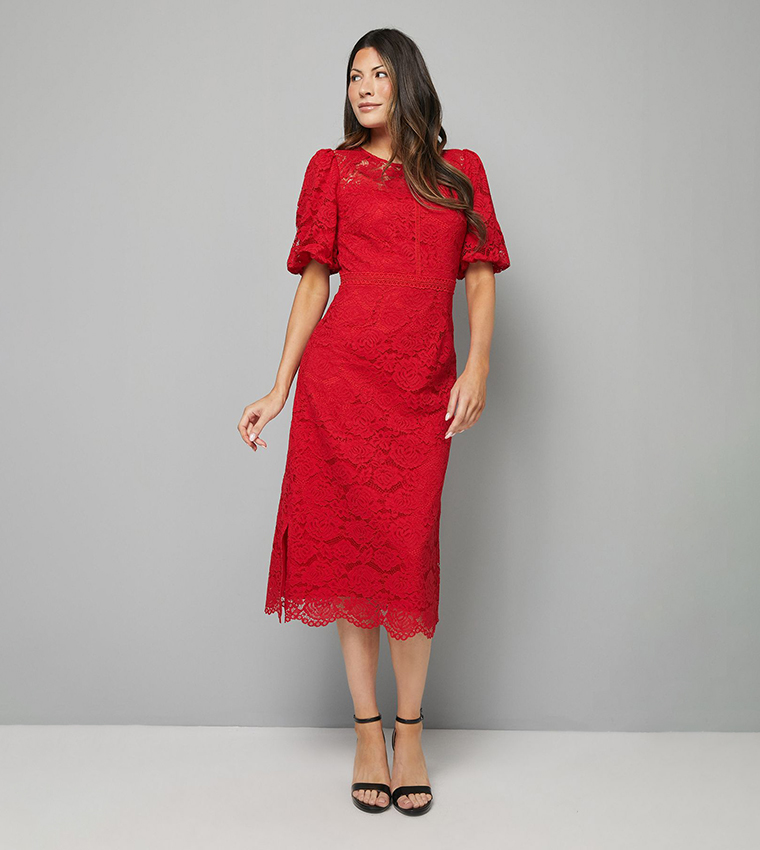 red slip dress with black lace Horoscopez Satin Lace Trim Slit Midi Dress Red Black