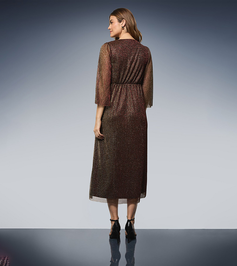 Plisse Mesh Wrap Midi Dress