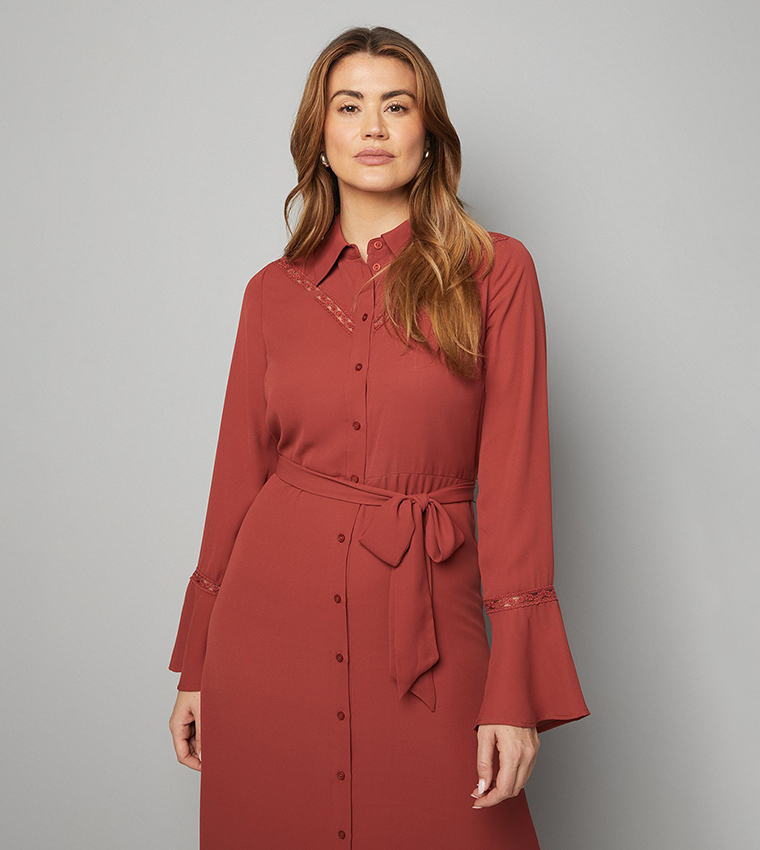 Buy Wallis Lace Insert Shirt Midi Dress In Brown | 6thStreet Qatar