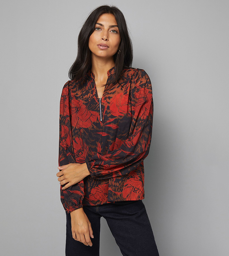 Floral Print Collarless Zip Top