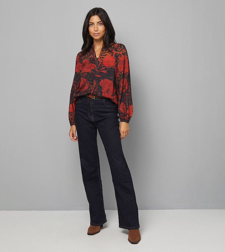 Floral Print Collarless Zip Top