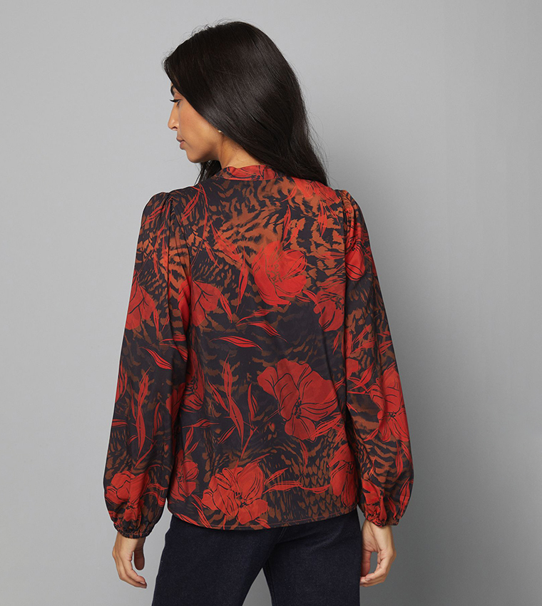 Floral Print Collarless Zip Top