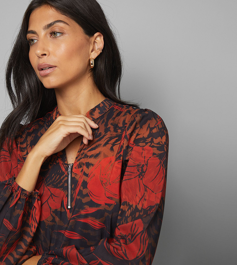 Floral Print Collarless Zip Top