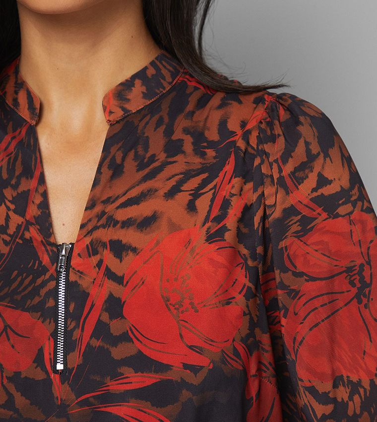 Floral Print Collarless Zip Top
