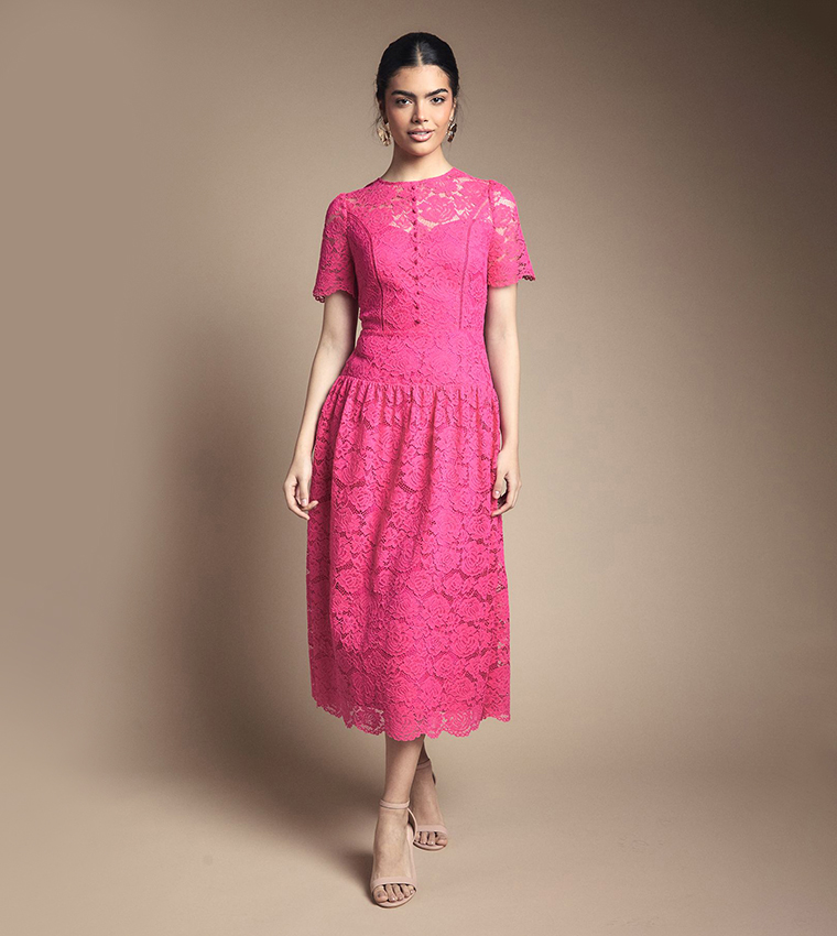 Lace Button Detail Drop Hem Midi Dress