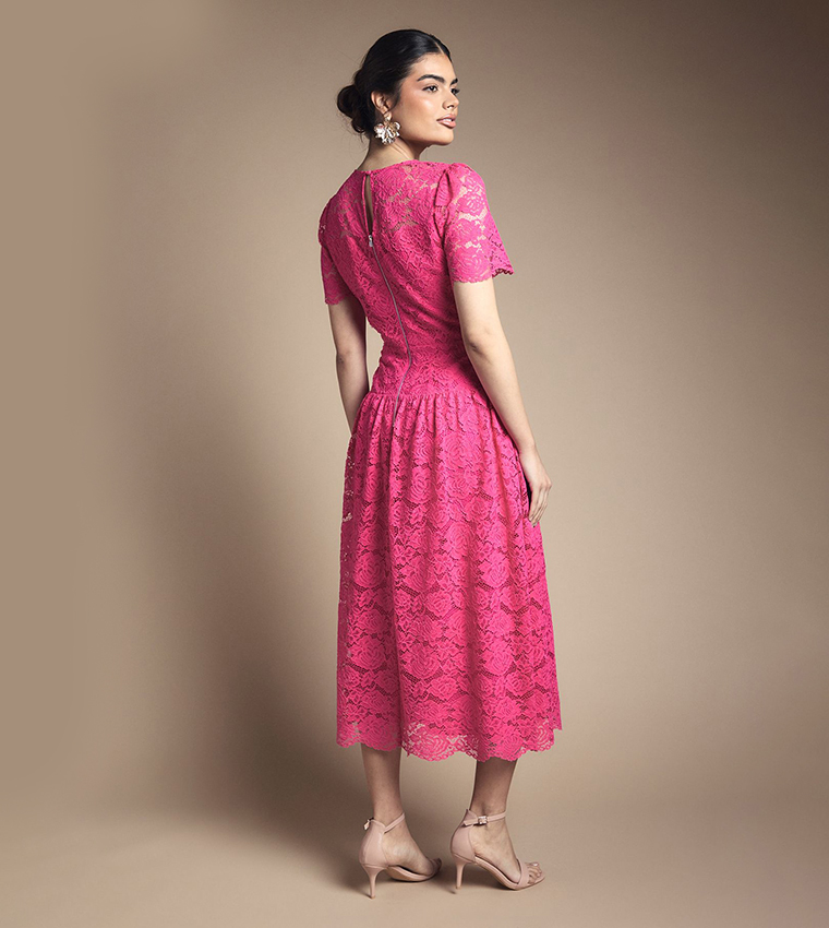 Lace Button Detail Drop Hem Midi Dress