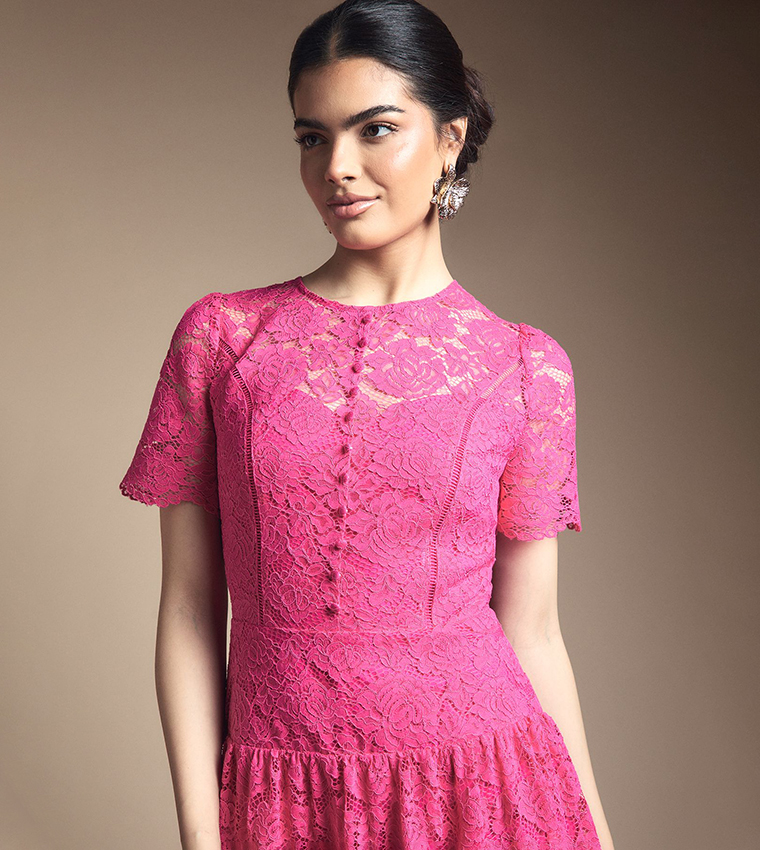Lace Button Detail Drop Hem Midi Dress