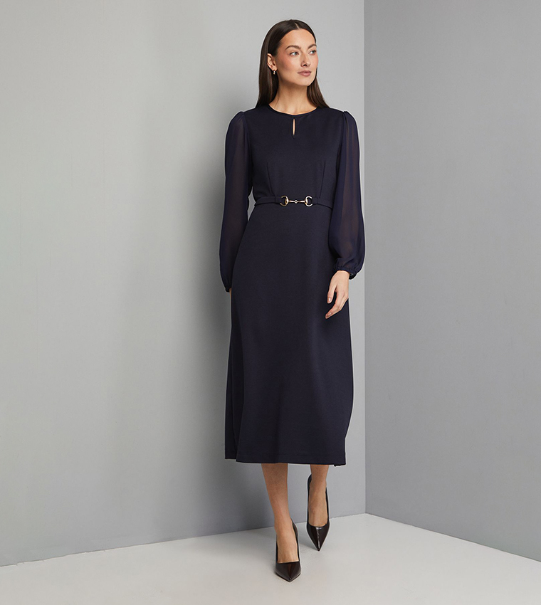 Ponte A-line Midi Dress with Chiffon Sleeves