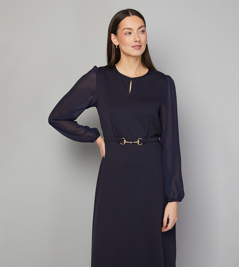 Ponte A-line Midi Dress with Chiffon Sleeves