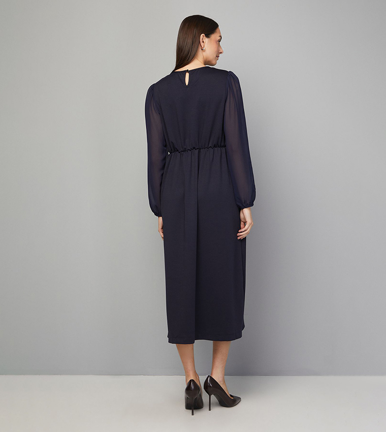 Ponte A-line Midi Dress with Chiffon Sleeves