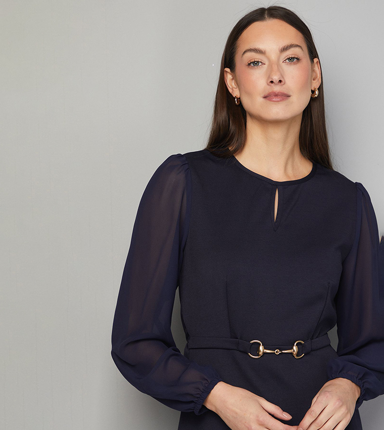 Ponte A-line Midi Dress with Chiffon Sleeves