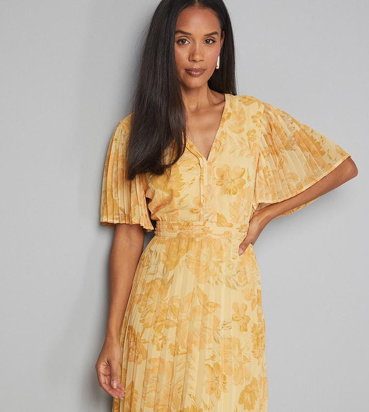 فستان ميدي كم شيفون بكسرات بطبعة الورود 