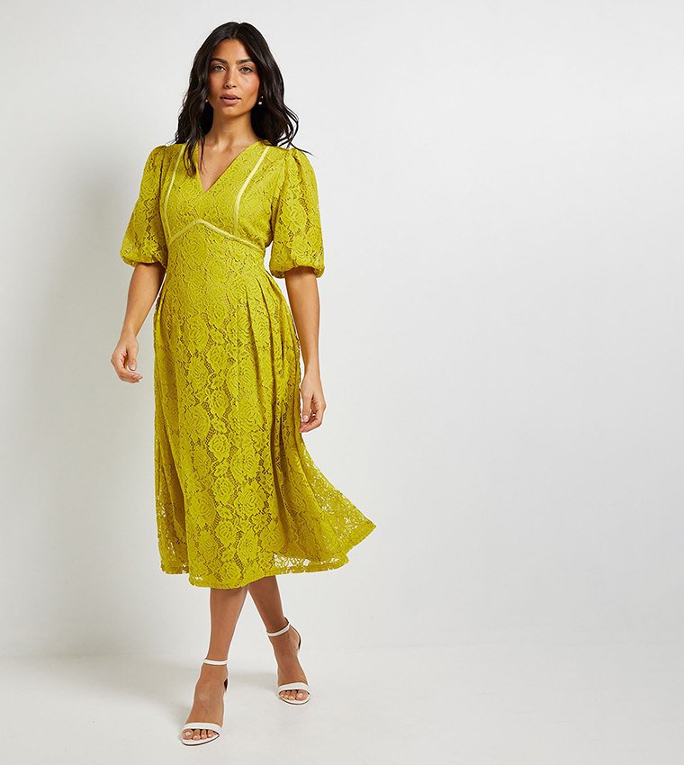Lace Puff Sleeves Midi Dress