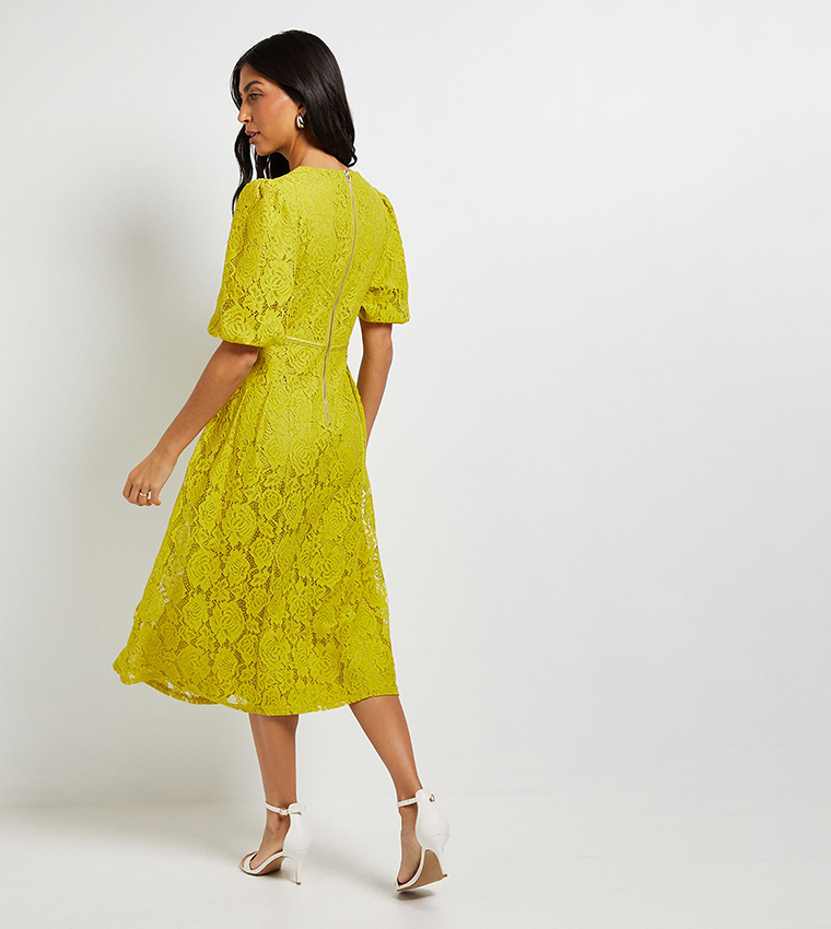 Lace Puff Sleeves Midi Dress