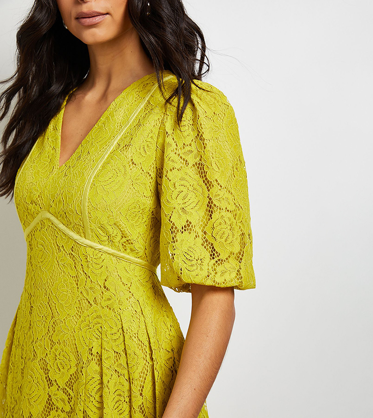 Lace Puff Sleeves Midi Dress