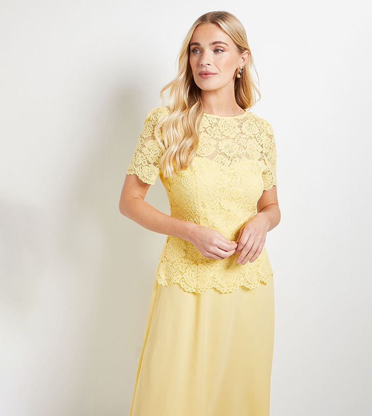 Buy Wallis Petite Lace Overlay Midi Dress In Yellow | 6thStreet Kuwait