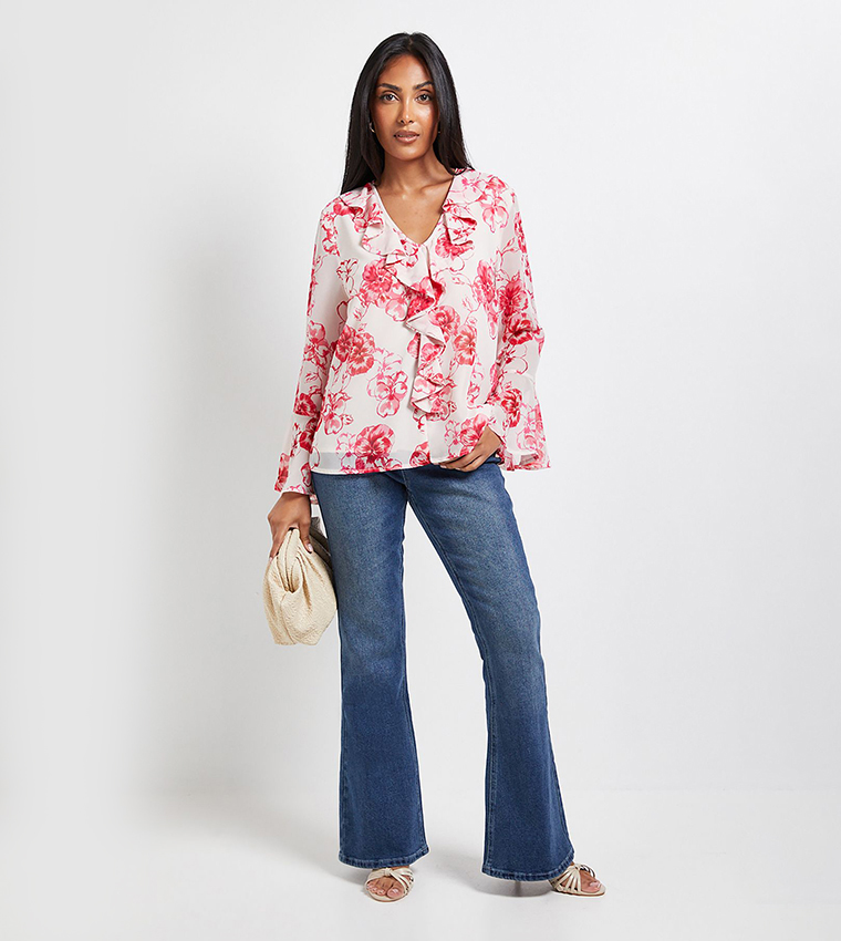 Petite Floral Print Ruffle Detail Top