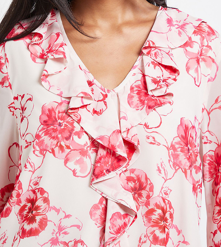 Petite Floral Print Ruffle Detail Top