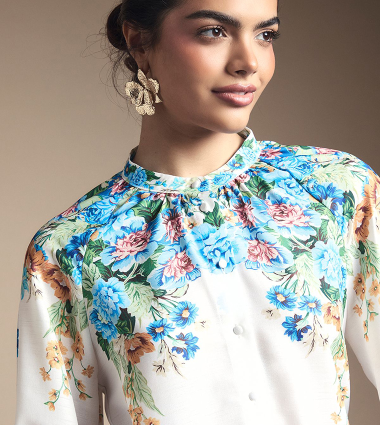 Western Floral Print Button Through Top