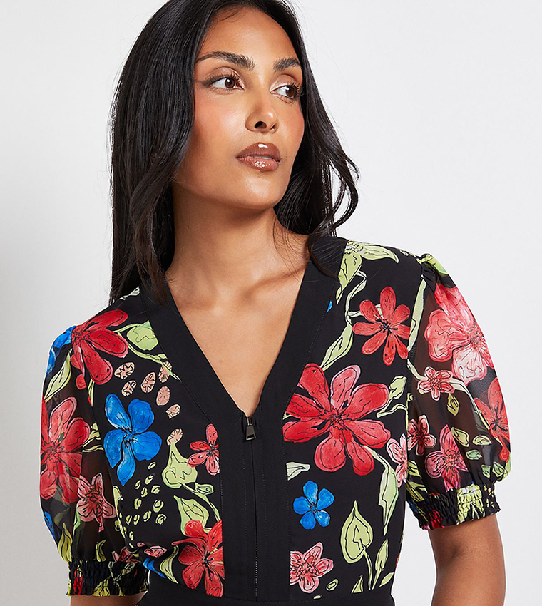 Petite Floral Print Zip Puff Sleeves Midi Dress